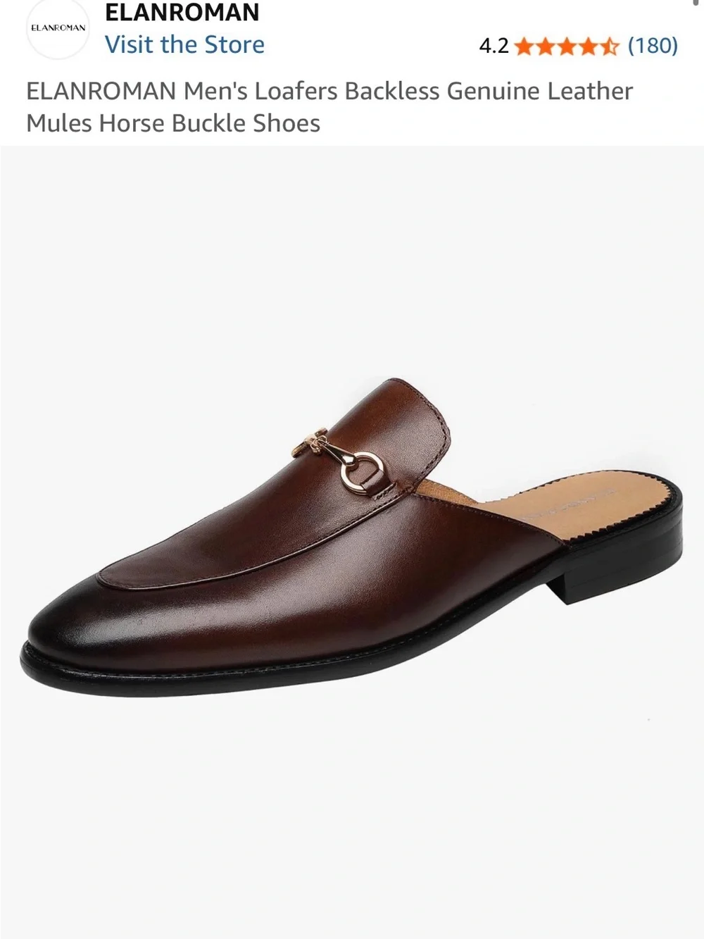 ELANROMAN Men’s Loafers Backless Genuine Leather Mules Horse Buckle Shoes